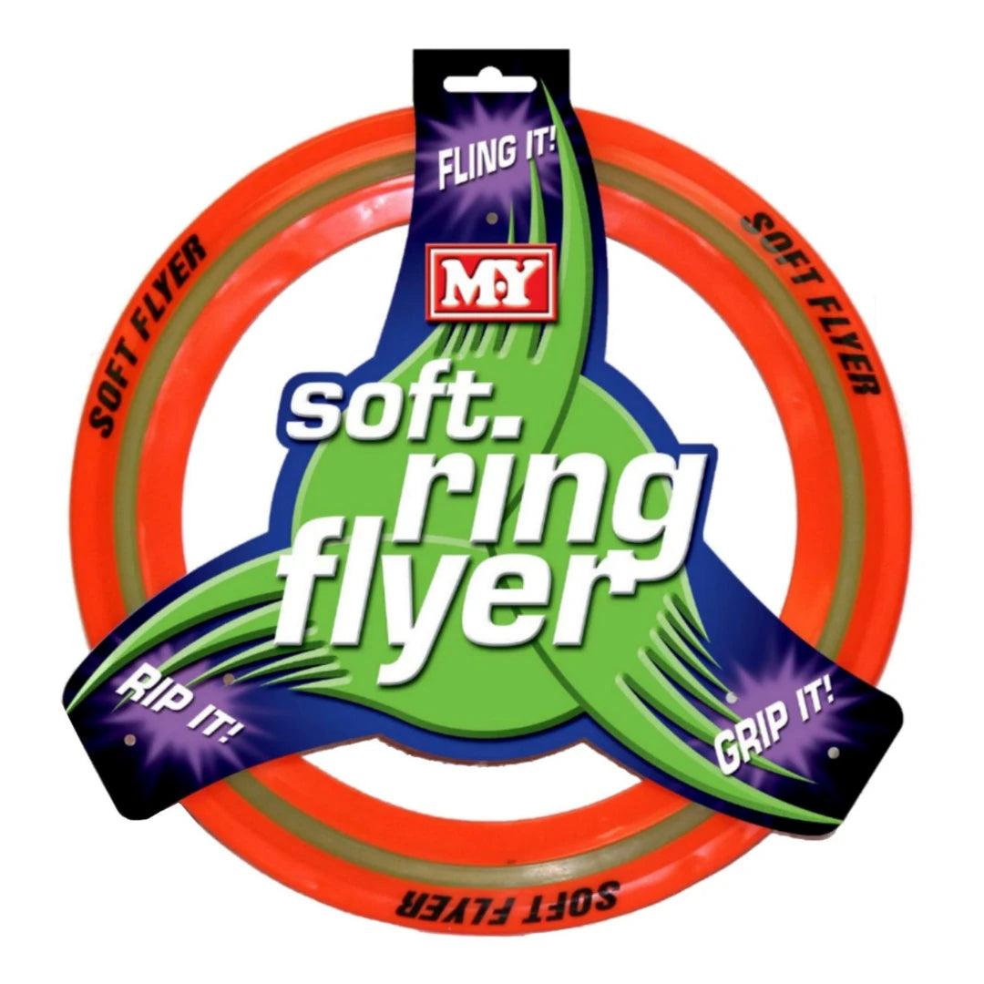 Packaged orange M.Y Soft Flying Ring with green centre label and black hanging tag