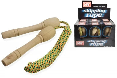 M.Y skipping rope with wooden handles, multicolour rope and skipping rope display box with three front windows