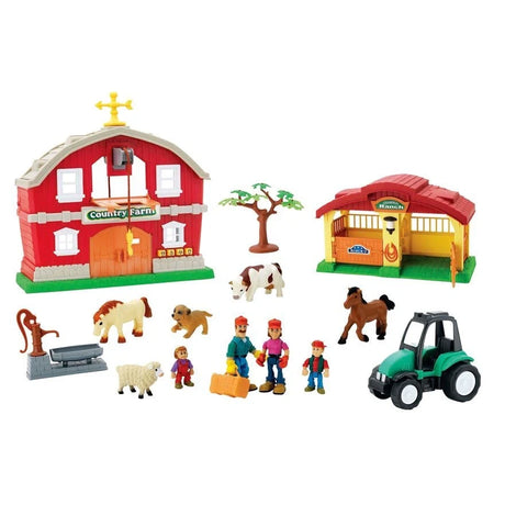 My Country Farm House Playset with red barn, horse stable, green tractor, tree, farm family figures, horse, cow, sheep, dog and water pump