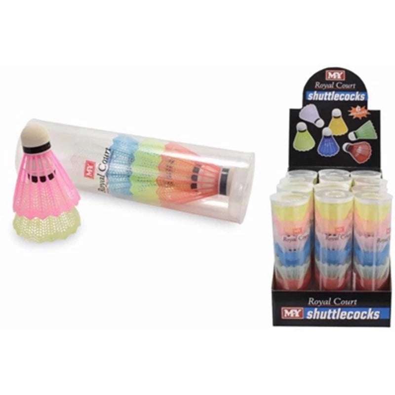 M.Y Royal Court shuttlecocks display box beside a clear tube and pink shuttlecock 