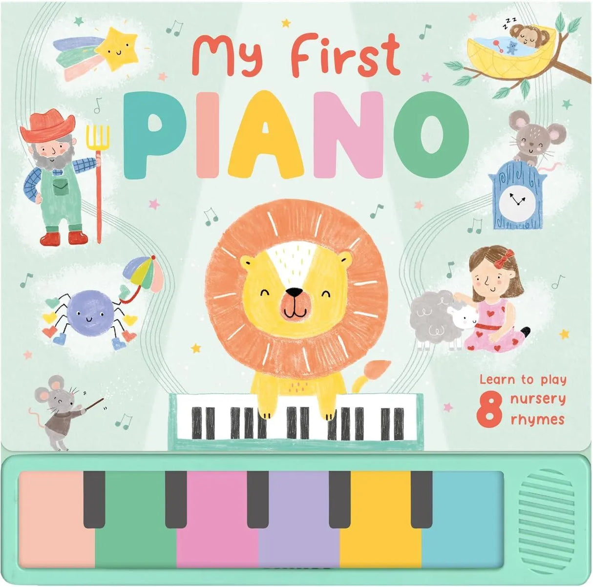 My First Piano Sound Book front cover with a lion face, piano keyboard and nursery rhyme text