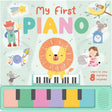 My First Piano Sound Book front cover with a lion face, piano keys and nursery rhyme character images.