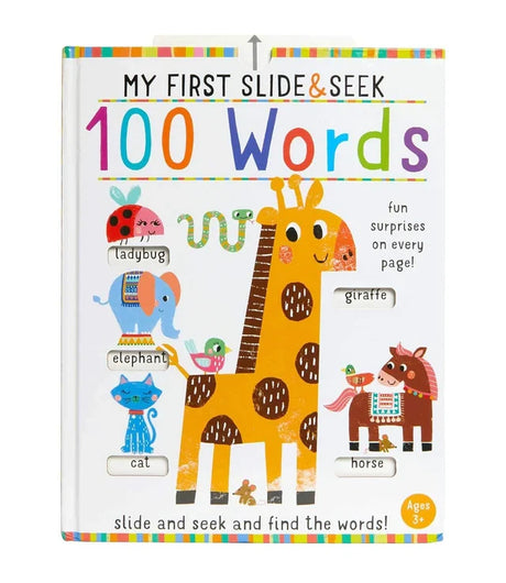 My First Slide & Seek 100 Words book cover with animal artwork, word labels and colourful border