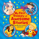 My First Treasury of Awesome Stories cover artwork with a pirate, rabbit, lion and caped superhero around the title