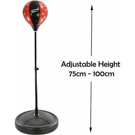 M.Y Kids Boxing Set punch ball on black adjustable stand with arrows indicating height range of 75cm to 100cm