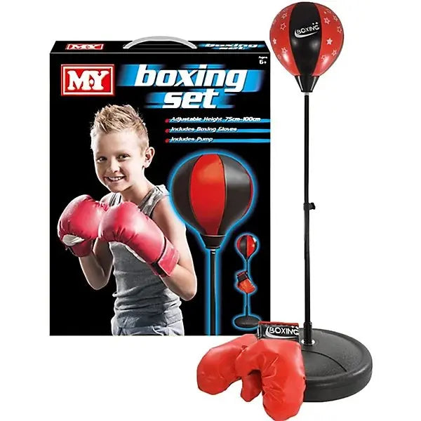 M.Y Kids Boxing Set with red boxing gloves and red and black star-print punch ball on weighted black base, displayed with product packaging