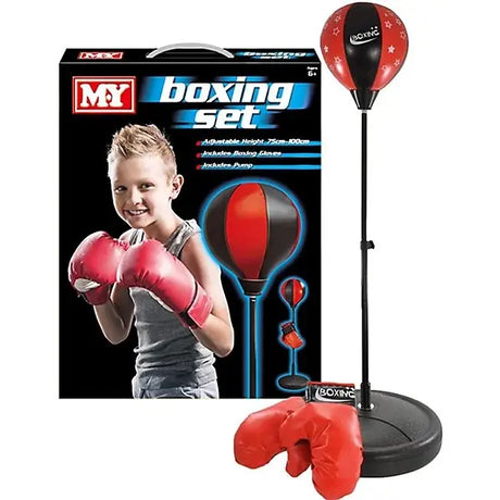 M.Y Kids Boxing Set with Gloves shown beside its retail box, featuring a red and black punch ball on adjustable stand and red boxing gloves