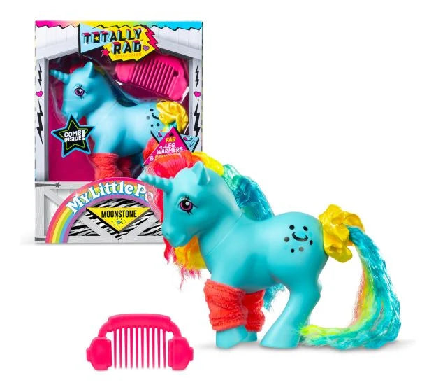 My Little Pony Totally Rad Moonstone displayed beside its retro packaging with blue unicorn figure, rainbow mane and tail, pink legwarmers and styling comb.