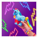 My Little Pony Totally Rad Moonstone held in a hand against a purple background with colourful neon lightning bolts.