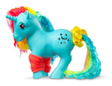 My Little Pony Totally Rad Moonstone from the side showing blue unicorn body, black moon and stars symbol, multicoloured hair and pink legwarmers.