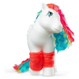 My Little Pony Totally Rad Starshine white Pegasus with blue eyes, long crimped rainbow mane and tail and bright orange fuzzy legwarmers on a white background.