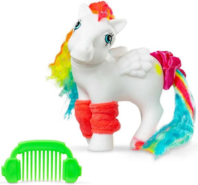 My Little Pony Totally Rad Starshine shown from the front and side with white Pegasus wings, rainbow mane and tail, orange legwarmers, pink tail scrunchie and green styling comb.