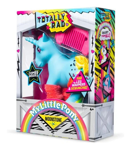 My Little Pony Totally Rad Moonstone in retro retail packaging with pink styling comb, rainbow graphics and colourful unicorn artwork.