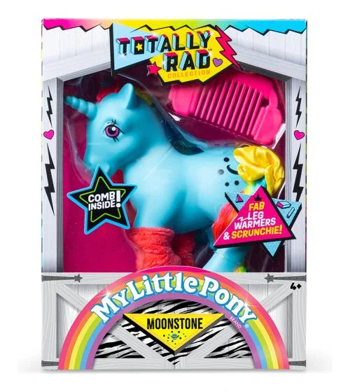 Front of My Little Pony Totally Rad Moonstone packaging showing the blue unicorn, pink comb, rainbow coloured hair and fuzzy legwarmers.
