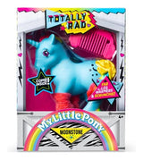 Front of My Little Pony Totally Rad Moonstone packaging showing the blue unicorn, pink comb, rainbow coloured hair and fuzzy legwarmers.