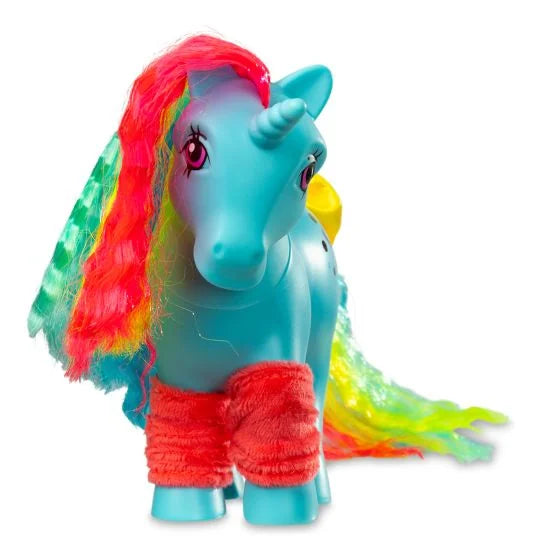 My Little Pony Totally Rad Moonstone blue unicorn with bright rainbow mane and tail, pink fuzzy legwarmers and yellow hair accessory on a white background.