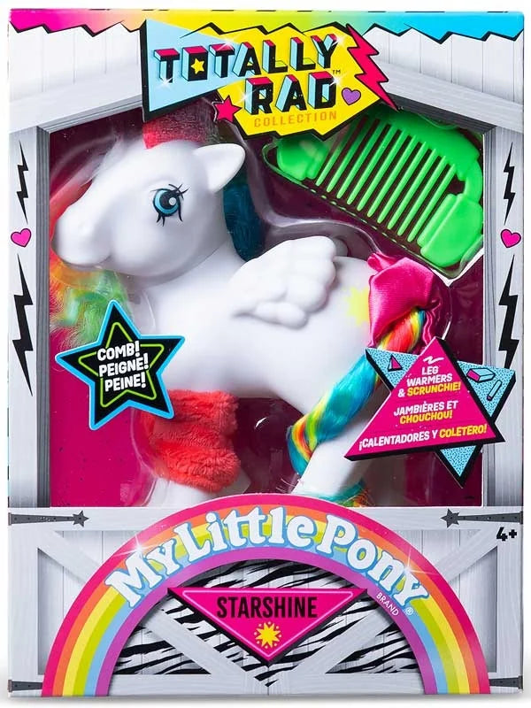 My Little Pony Totally Rad Starshine in retro retail packaging showing the white Pegasus pony with rainbow hair, bright orange fuzzy legwarmers, pink hair scrunchie and green styling comb.