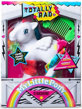 My Little Pony Totally Rad Starshine in retro retail packaging showing the white Pegasus pony with rainbow hair, bright orange fuzzy legwarmers, pink hair scrunchie and green styling comb.