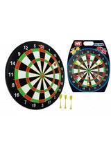 M.Y magnetic dartboard with black, green, red, and white segments shown beside its retail packaging and three yellow magnetic darts