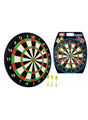 M.Y magnetic dartboard with black, green, red, and white segments shown beside its retail packaging and three yellow magnetic darts