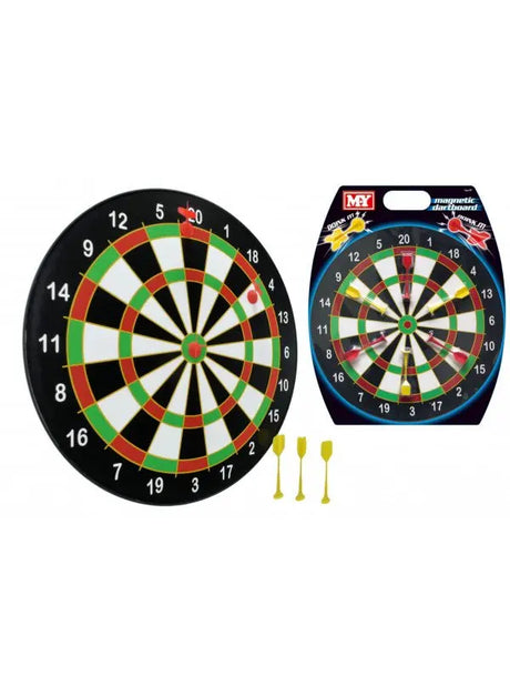M.Y magnetic dartboard and six yellow magnetic darts shown alongside the product packaging with two red darts already on the board