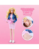 Blonde My Mini Baby mom doll with close-up views of the newborn baby inside the removable bump