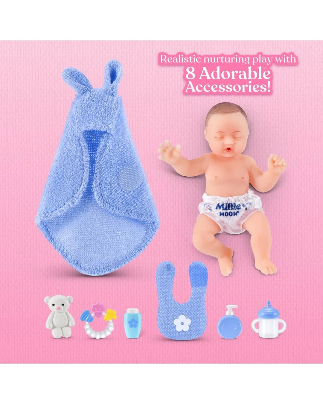 My Mini Baby newborn with blue swaddle and baby accessories including teddy, bottle, bib and cup 