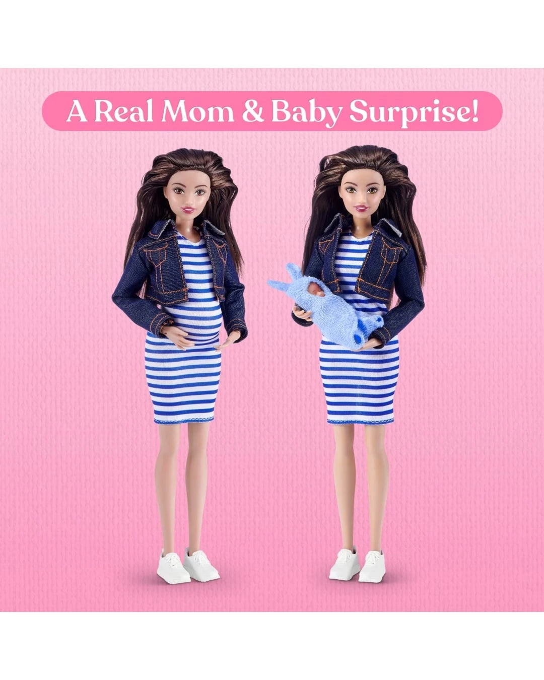 Brunette My Mini Baby mom doll shown with the baby bump and newborn baby