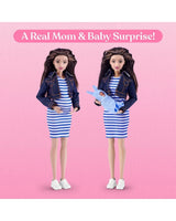 Brunette My Mini Baby mom doll shown with the baby bump and newborn baby