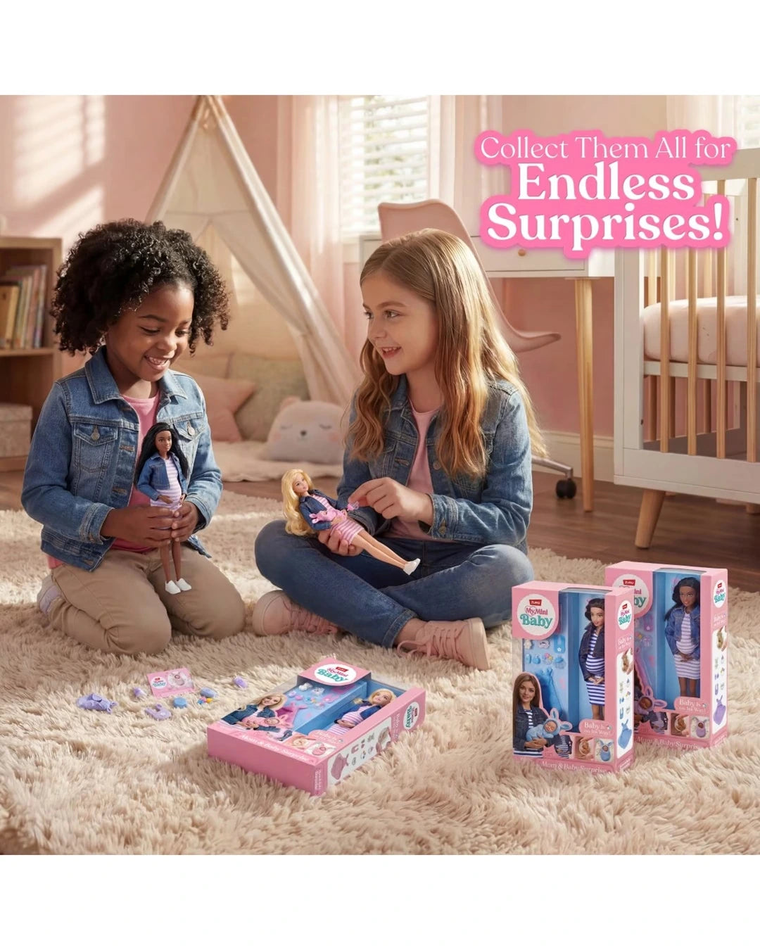 Two children sitting on the floor with My Mini Baby dolls, babies, accessories and pink boxes