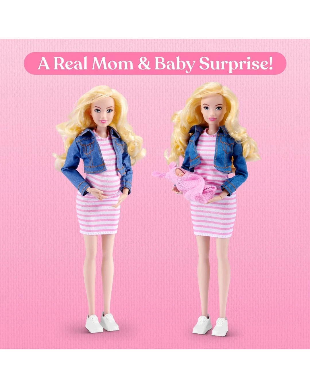 Blonde My Mini Baby mom doll shown before and after the newborn baby reveal