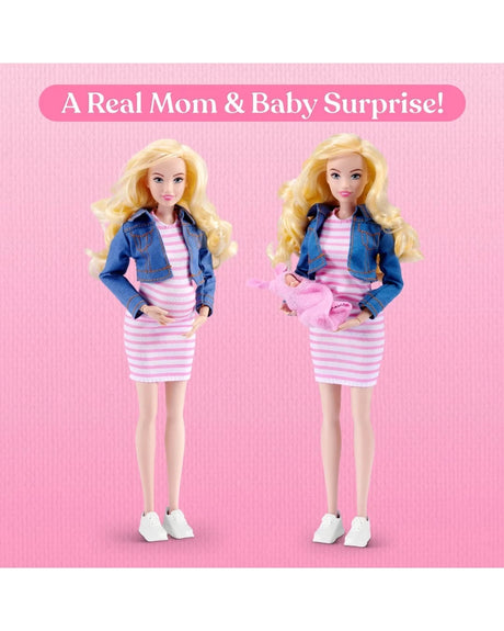 Blonde My Mini Baby mom doll shown before and after the newborn baby reveal