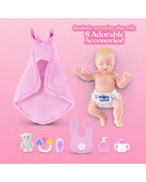 My Mini Baby newborn with pink swaddle and eight baby accessories including teddy, bottle, bib and cup