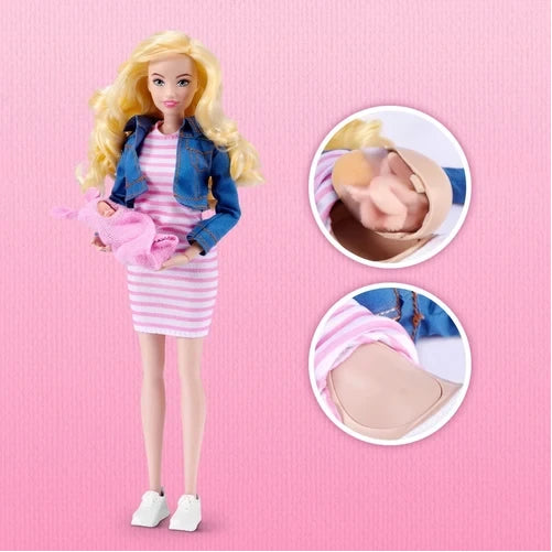 My Mini Baby mom doll with removable bump and close-up views of the newborn baby reveal