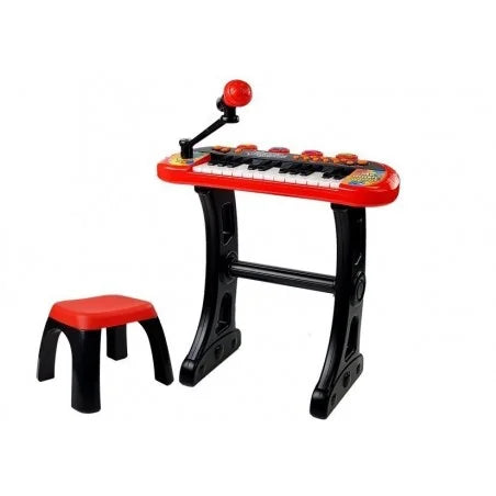 My Music World electronic keyboard assembled on its stand with microphone arm and matching red stool