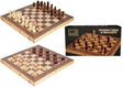 Wooden folding chess and draughts set showing chess pieces laid out on the board beside the box