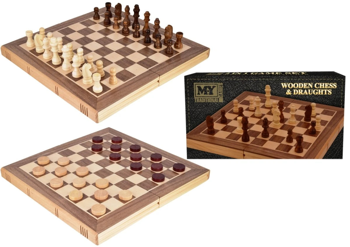Wooden folding chess and draughts set showing chess pieces laid out on the board beside the box