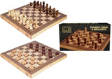 Wooden folding chess and draughts set showing chess pieces laid out on the board beside the box