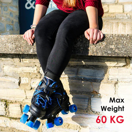 Lifestyle image showing MY Quad X Skate blue and black quad skates worn outdoors with bright blue wheels