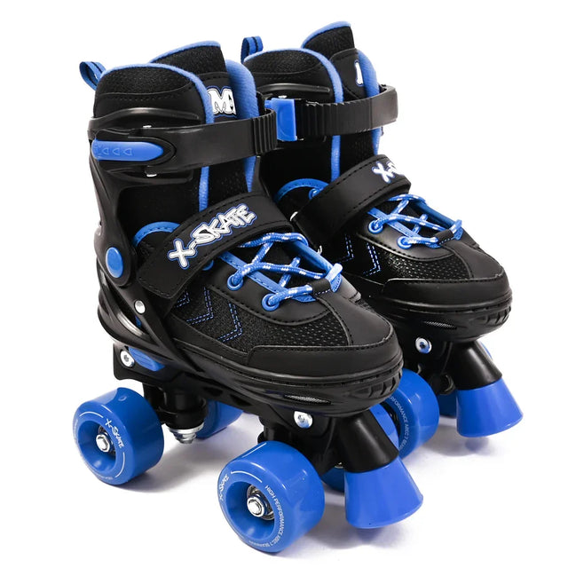 Black and blue MY Quad X Skate quad skates with bright blue wheels and secure straps shown on a clean white background