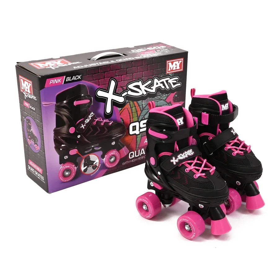 MY Quad X Skate pink and black quad skates displayed beside the branded box with matching graphics and colours