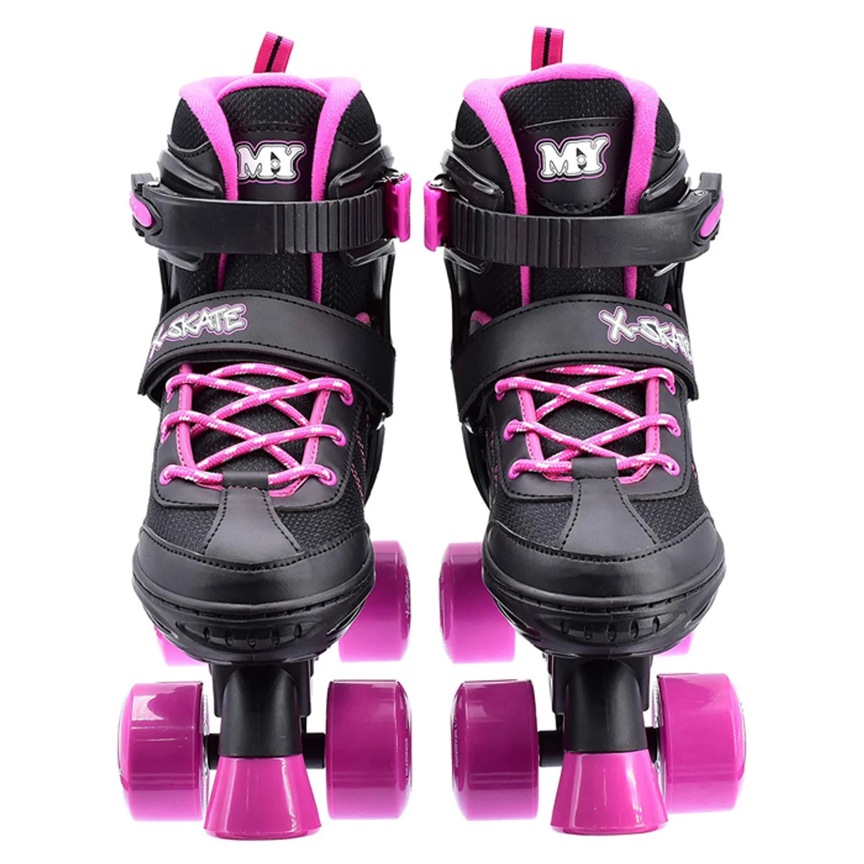 Front view of MY Quad X Skate black and pink quad skates with laces, straps, and buckle for ankle support