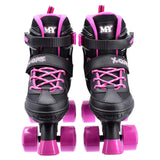 Front view of MY Quad X Skate black and pink quad skates with laces, straps, and buckle for ankle support