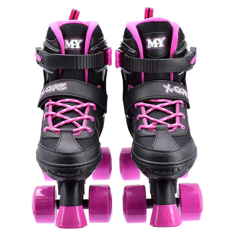 Front view of MY Quad X Skate black and pink quad skates with laces, straps, and buckle for ankle support