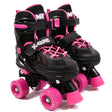 Black and pink MY Quad X Skate quad skates with bright pink wheels and secure straps shown on a clean white background