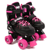 Black and pink MY Quad X Skate quad skates with bright pink wheels and secure straps shown on a clean white background