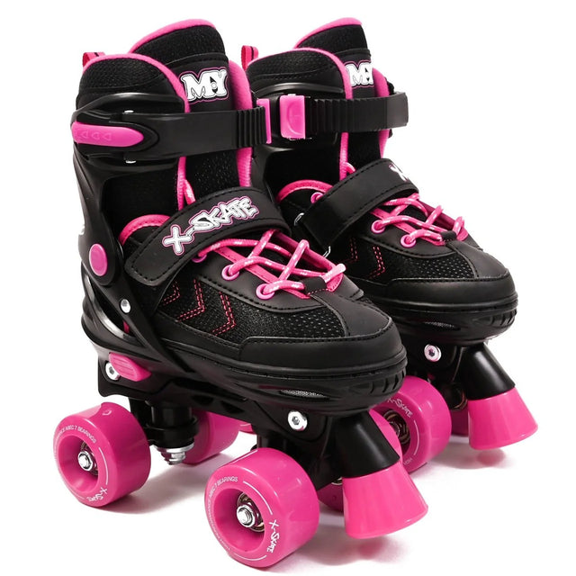 Black and pink MY Quad X Skate quad skates with bright pink wheels and secure straps shown on a clean white background