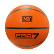 Orange M.Y Size 7 basketball with black seams and textured surface, showing MY logo and “PRO 7 Official Size & Weight” text