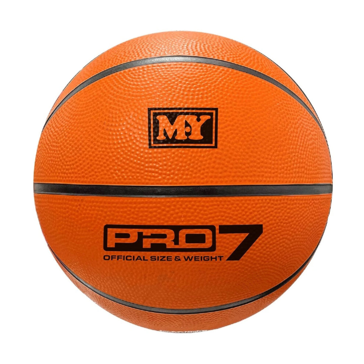 Orange M.Y Size 7 basketball front view with black seams, MY logo panel and “PRO 7 Official Size & Weight” printed on surface