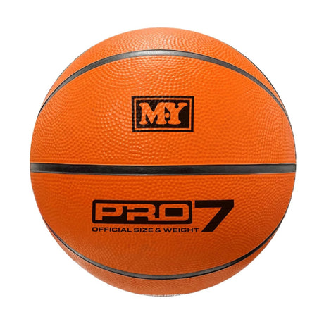 Orange M.Y Size 7 basketball front view with black seams, MY logo panel and “PRO 7 Official Size & Weight” printed on surface